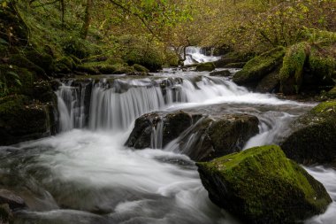Sonbaharda Exmoor Ulusal Parkı 'ndaki Watersmmet' te Hoar Oak Nehri 'nde bir şelaleye uzun süre maruz kalmak