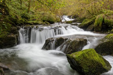Sonbaharda Exmoor Ulusal Parkı 'ndaki Watersmmet' te Hoar Oak Nehri 'nde bir şelaleye uzun süre maruz kalmak