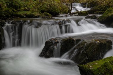 Sonbaharda Exmoor Ulusal Parkı 'ndaki Watersmmet' te Hoar Oak Nehri 'nde bir şelaleye uzun süre maruz kalmak