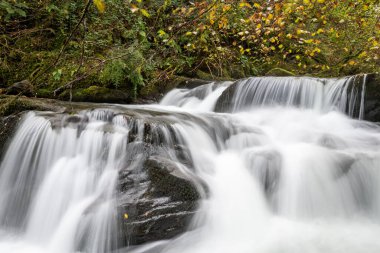 Sonbaharda Exmoor Ulusal Parkı 'ndaki Watersmmet' te Hoar Oak Nehri 'nde bir şelaleye uzun süre maruz kalmak