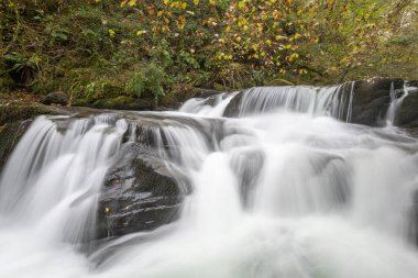 Sonbaharda Exmoor Ulusal Parkı 'ndaki Watersmmet' te Hoar Oak Nehri 'nde bir şelaleye uzun süre maruz kalmak
