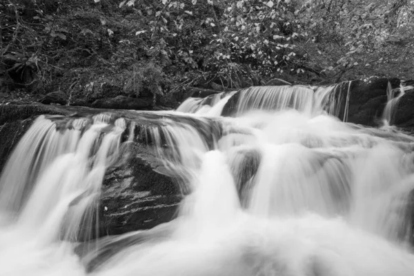 Exmoor国立公園のWatersmmetのHoar Oak Water川の滝の白黒写真 — ストック写真