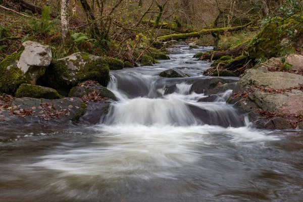 Lång Exponering Horner Water Floden Rinner Genom Horner Skogen Somerset — Stockfoto