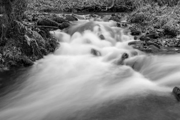 Długa Ekspozycja Rzeki Horner Water Przepływającej Przez Lasy Horner Somerset — Zdjęcie stockowe