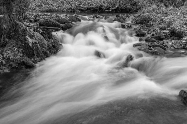 Długa Ekspozycja Rzeki Horner Water Przepływającej Przez Lasy Horner Somerset — Zdjęcie stockowe