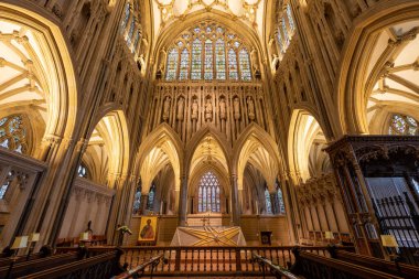 Wells.Somerset.United Kingdom.December 30th 2021.View of the Jesse window inside Wells cathedral in Somerset
