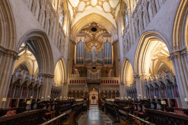 Wells.Somerset.United Kingdom.December 30th 2021.View of the quire inside of Wells cathedral in Somerset