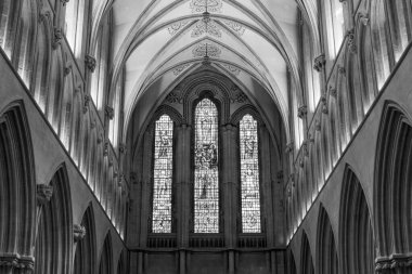 Wells.Somerset.United Kingdom.December 30th 2021.View of a stained glass window  inside Wells cathedral in Somerset