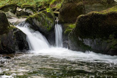 Doğu Lyn nehrinin üzerinde Exmoor Ulusal Parkı 'ndaki Watersmeet' te akan şelalenin uzun pozu