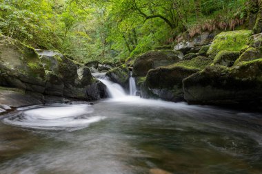 Doğu Lyn nehrinin üzerinde Exmoor Ulusal Parkı 'ndaki Watersmeet' te akan şelalenin uzun pozu
