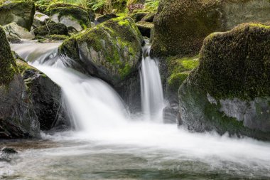 Doğu Lyn nehrinin üzerinde Exmoor Ulusal Parkı 'ndaki Watersmeet' te akan şelalenin uzun pozu