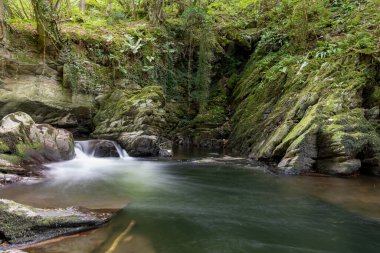 Doğu Lyn nehrinin üzerinde Exmoor Ulusal Parkı 'ndaki Watersmeet' te akan şelalenin uzun pozu