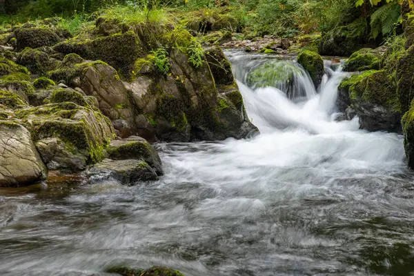 Lång Exponering Ett Vattenfall East Lyn Floden Rinner Genom Skogen — Stockfoto