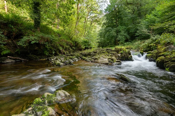 Doğu Lyn nehrinin üzerinde Exmoor Ulusal Parkı 'ndaki Watersmeet' te akan şelalenin uzun pozu