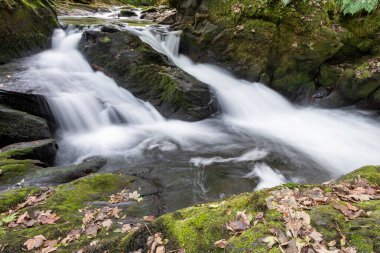 Doğu Lyn nehrinin üzerinde Exmoor Ulusal Parkı 'ndaki Watersmeet' te akan şelalenin uzun pozu