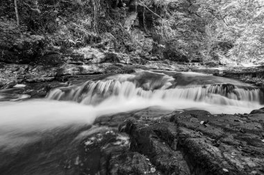 Doğu Lyn nehrinin üzerinde Exmoor Ulusal Parkı 'ndaki Watersmeet' te akan şelalenin uzun pozu