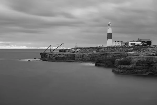 Svart Och Vitt Foto Portland Bill Fyr Dorset Skymningen — Stockfoto