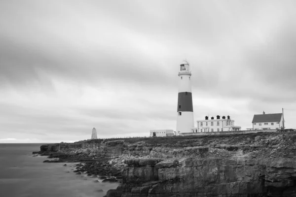 Foto Blanco Negro Del Faro Portland Bill Dorset Atardecer —  Fotos de Stock