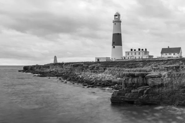 Black White Photo Portland Bill Lighthouse Dorset Dusk — Stock Photo, Image