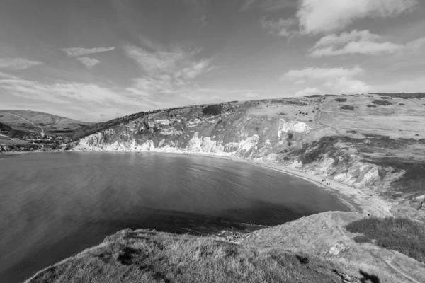 Чорно Біле Фото Lulworth Cove Юрському Узбережжі Дорсеті — стокове фото