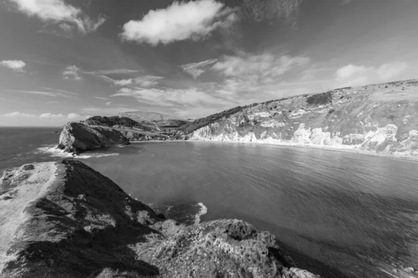 Schwarz Weiß Foto Von Lulworth Cove Der Juraküste Dorset — Stockfoto