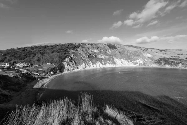 Ασπρόμαυρη Φωτογραφία Του Όρμου Lulworth Στην Ακτή Jurassic Στο Dorset — Φωτογραφία Αρχείου