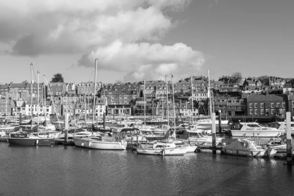 Foto Bianco Nero Whitby Marina Nel North Yorkshire — Foto Stock