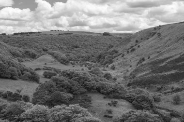 Exmoor Ulusal Parkı 'ndaki Robbers Köprüsü' ndeki Weir Water nehri boyunca yapılan dairesel yürüyüşün siyah beyaz fotoğrafı.
