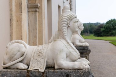 Plymouth. Devon. Birleşik Krallık. 6 Ağustos 2021. Devon 'daki Saltram House' da bir çift sfenks heykeli sergileniyor.