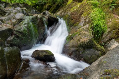 Hoar Oak Nehri 'nin üzerinde Exmoor Ulusal Parkı' ndaki Watersmeet 'te akan şelalenin uzun pozu.