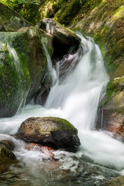 Hoar Oak Nehri 'nin üzerinde Exmoor Ulusal Parkı' ndaki Watersmeet 'te akan şelalenin uzun pozu.