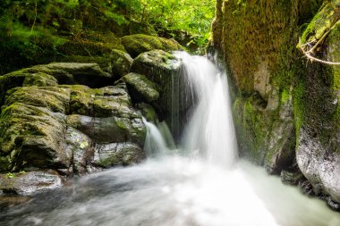 Hoar Oak Nehri 'nin üzerinde Exmoor Ulusal Parkı' ndaki Watersmeet 'te akan şelalenin uzun pozu.