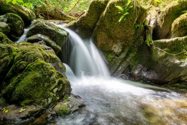 Hoar Oak Nehri 'nin üzerinde Exmoor Ulusal Parkı' ndaki Watersmeet 'te akan şelalenin uzun pozu.