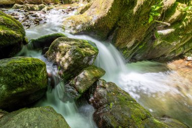 Hoar Oak Nehri 'nin üzerinde Exmoor Ulusal Parkı' ndaki Watersmeet 'te akan şelalenin uzun pozu.