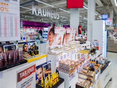 Turku, Finland - December 21, 2021: Horizontal Closeup View of Makeup and Cosmetics Department inside K CityMarket Grocery Store.