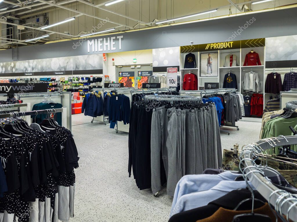 Turku, Finland - December 21, 2021: Horizontal View of Men's Clothes Department inside K CityMarket Grocery Store.