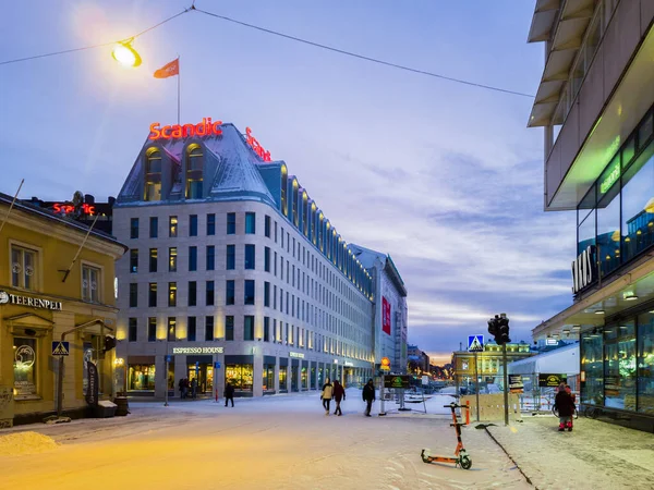 Turku Finland December 2021 Vertical Night View Scandic Hotel Buidling — стоковое фото