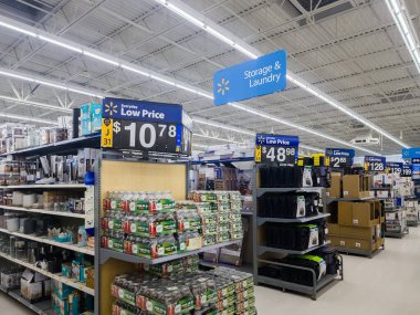 New Hartford, New York - January 3, 2022: Vertical Wide View of Storage & Laundry Department of Walmart Supercneter