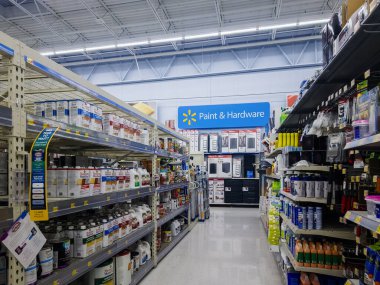 New Hartford, New York - January 3, 2022: Vertical Wide View of Paint & Harware Department of Walmart Supercenter