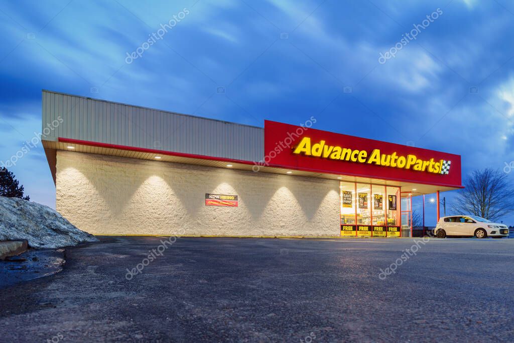 Yorkville, New York - March 6, 2022: Dusk View of Advance AutoParts Store, a Retail Supplier of Aftermarket Auto Parts and Accessories, One of about 5000 Stores Worldwide.