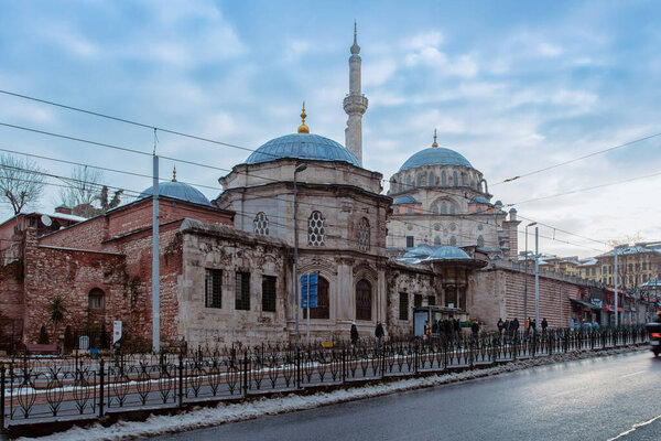 Istanbul, Turkey - March 13, 2022: Full Landscape View of Laleli Mosque in Fatih District. It was Designed in Baroque Style during the 18th Century Ottoman Imperial Time.