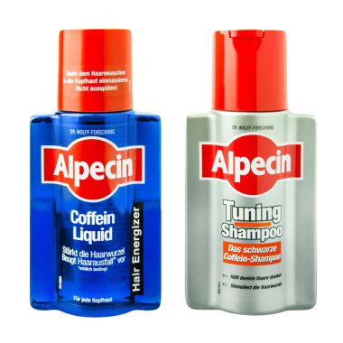 Hamburg, Almanya - 22 Ağustos 2021: Alpecin Kahve Sıvısı ve Akort Şampuanı beyaz arka planda izole edildi