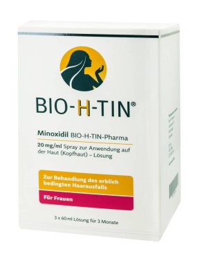 Hamburg, Almanya - 21 Ağustos 2021: Bio-H-Tin Pharma Minoxidil Spray