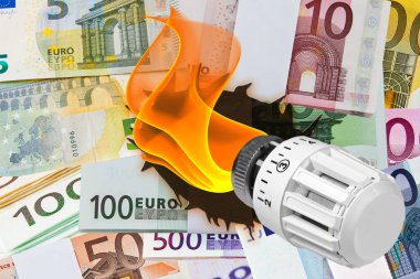 Alevli ısıtıcı vanası avro banknotlarını yakıyor enerji maliyetleri kavramı soyut