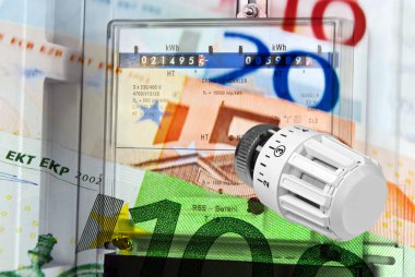 Avro banknotları kavramı soyut ile elektrik sayacı ve ısıtma vanası enerji maliyetleri