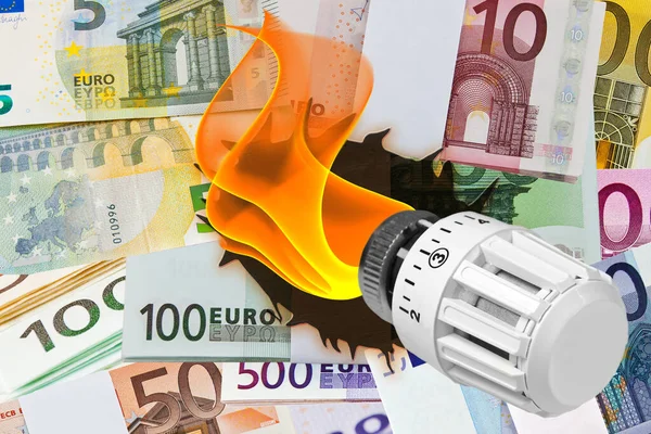 Válvula Calefacción Con Llama Quema Billetes Euros Concepto Costes Energéticos Imágenes de stock libres de derechos