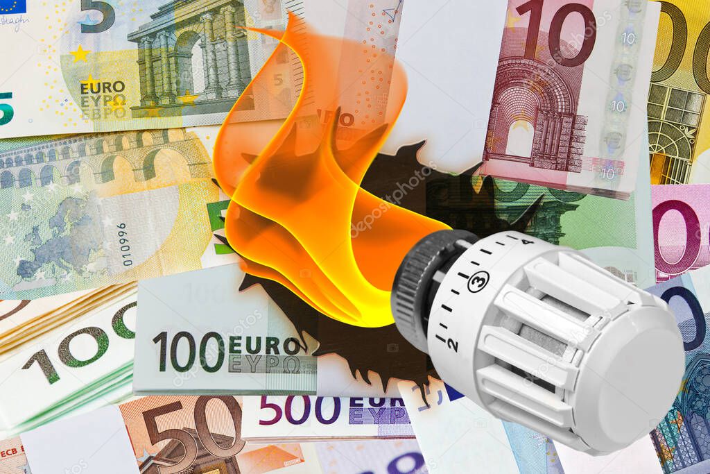 Heater valve with flame burns euro banknotes energy costs concept abstract