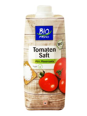 Hamburg, Almanya - 15 Ağustos 2021: Domatessaft Bio Primo