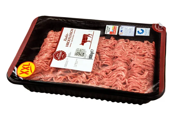 Hamburgo Alemania Noviembre 2021 Meine Metzgerei Packung Rinderhackfleisch Paquete Carne —  Fotos de Stock