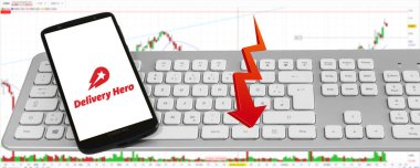 Hamburg, Almanya - 14 Kasım 2021: Sevkiyat Kahramanı Lieferservice mit Logo Smartphone Tastatur Aktienmarkt Diyagram Hintergund Banner